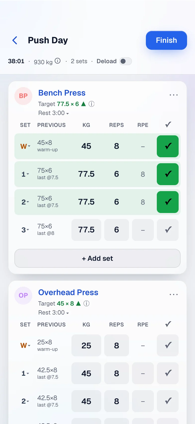 Lift Log mid-workout: Push Day at 38 minutes, bench set 3 logged at 77.5 kg × 6 as a PR, the rest timer counting down, then the weekly recap with the muscle map and PRs
